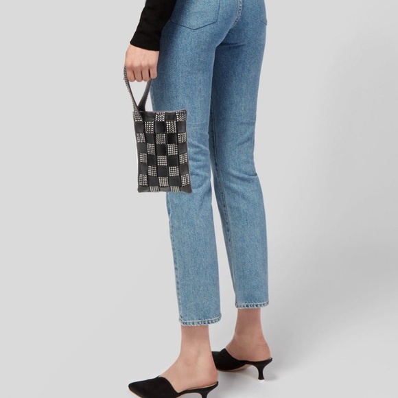 RARE CHANEL Leather Woven Strass Black Checkered Clutch Wristlet Vintage Evening - Picture 10 of 13